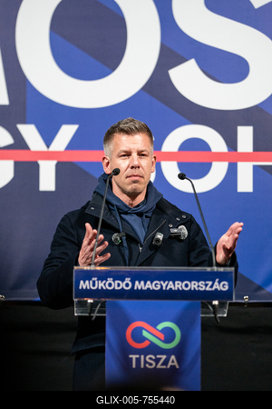 Pecs, Hungary - March 07, 2026: Hungarian politician Peter Magyar leader of the Hungarian opposition and Tisza party giving a speech-stock-foto