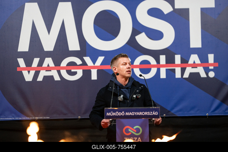 Pecs, Hungary - March 07, 2026: Hungarian politician Peter Magyar leader of the Hungarian opposition and Tisza party giving a speech-stock-foto