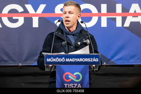 Pecs, Hungary - March 07, 2026: Hungarian politician Peter Magyar leader of the Hungarian opposition and Tisza party giving a speech-stock-foto