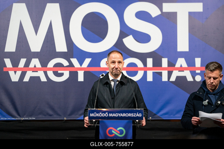 Pecs, Hungary - March 07, 2026: Hungarian politician Kovacs Aron Politican from Hungarian opposition and Tisza party giving a speech-stock-foto