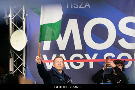 Pecs, Hungary - March 07, 2026: Hungarian politician Peter Magyar leader of the Hungarian opposition and Tisza party giving a speech-stock-foto