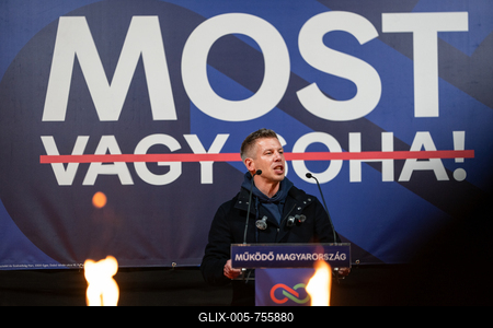 Pecs, Hungary - March 07, 2026: Hungarian politician Peter Magyar leader of the Hungarian opposition and Tisza party giving a speech-stock-foto