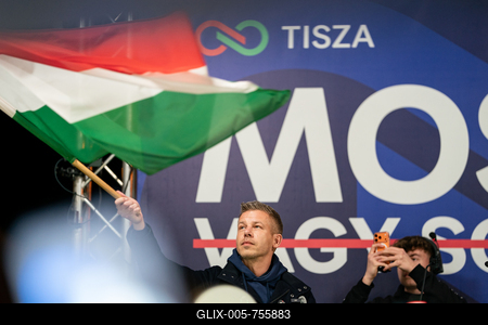 Pecs, Hungary - March 07, 2026: Hungarian politician Peter Magyar leader of the Hungarian opposition and Tisza party giving a speech-stock-foto