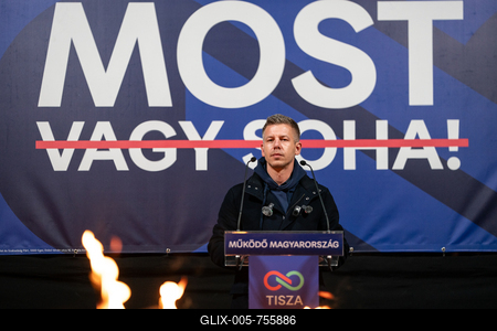 Pecs, Hungary - March 07, 2026: Hungarian politician Peter Magyar leader of the Hungarian opposition and Tisza party giving a speech-stock-foto