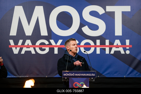 Pecs, Hungary - March 07, 2026: Hungarian politician Peter Magyar leader of the Hungarian opposition and Tisza party giving a speech-stock-foto