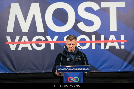 Pecs, Hungary - March 07, 2026: Hungarian politician Peter Magyar leader of the Hungarian opposition and Tisza party giving a speech-stock-foto