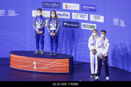 LEN European Aquatics Championships, Mixed Synchronised 10m Platform Diving - podium-stock-foto