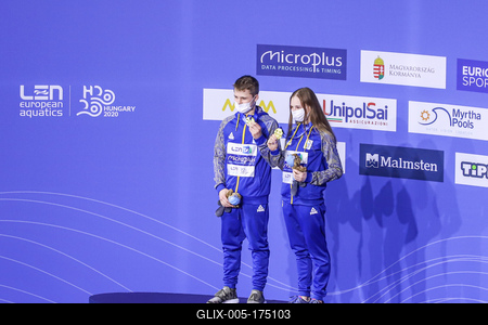 LEN European Aquatics Championships, Mixed Synchronised 10m Platform Diving - podium-stock-foto