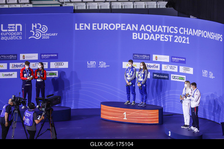 LEN European Aquatics Championships, Mixed Synchronised 10m Platform Diving - podium-stock-foto
