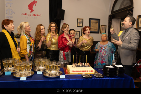 (b-j) Lőkös Ildikó, Szőlőskei Tímea, Janza Kata, Tóth Enikő, Náray Erika, Hernádi Judit, Tallós Andrea, Falusi Mariann,-stock-foto