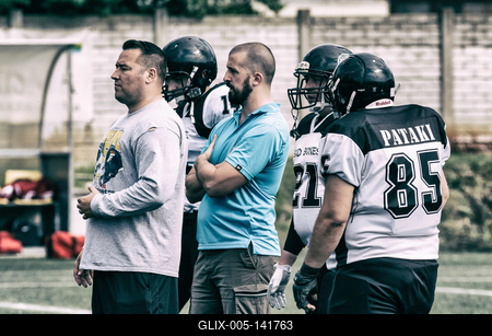 Kovács Sándor, korábbi amerikai futball játékos a magyar bajnokságban, jelenleg edző, védő kordinátor a Szekszárd Bad Bones csapatában, szakértő és sportriporter a Sport TV-ben-stock-foto