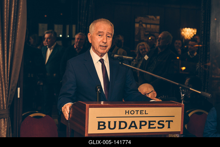 Nikai Ákos, a Magyar Szállodák és Éttermek Szövetségének korábbi elnöke, félalak, budapesti szállodai rendezvényen meghívott előadóként-stock-foto