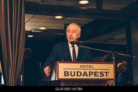 Nikai Ákos, a Magyar Szállodák és Éttermek Szövetségének korábbi elnöke, félalak, budapesti szállodai rendezvényen meghívott előadóként-stock-foto