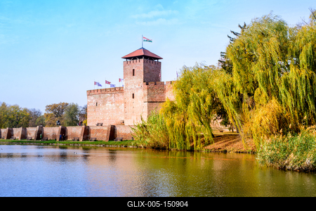 The only remaining brick-built medieval fortress. In front of the castle is a boating lake and a huge willow tree in autumn. Hungary, Gyula-stock-foto