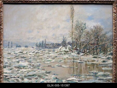 Claude Monet festmény: Jégzajlás szürke idõben-stock-foto
