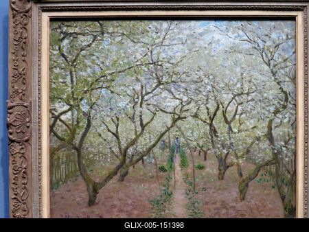 Claude Monet festmény: Vétheuli virágzó gyümölcsöskert-stock-foto