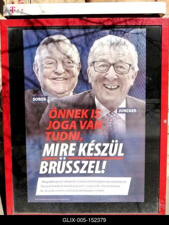 Magyar kormány propaganda - Soros György, Jean-Claude JUncker-stock-foto