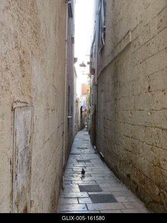 Taranto - Óvárosi sikátor galambbal - Olaszország-stock-foto