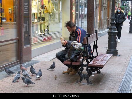 Homeless man sharing his bread with pigeons - Budapest-stock-foto