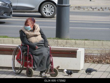 One-legged woman in wheelchairs with pigeons - Spring - Budapest-stock-foto