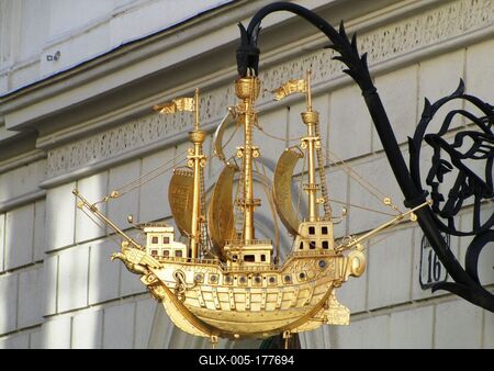 Emblem of the Golden Ship Pharmacy - Győr - Hungary-stock-foto