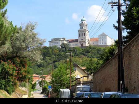 Pannonhalma - Street and Archabbey - Hungary-stock-foto