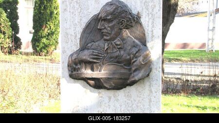 Kiskunfélegyháza, 2010. november 14.Reményi Ede (Hoffmann Ede) zeneszerzõ és hegedûmûvész dombormûve a Béke téren. Õ kezdeményezte a Petõfi-szoboralapra való gyûjtést. A dombormûvet Lantos Györgyi szobrászmûvész alkotta 2008-ban.-stock-foto