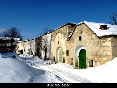 Wine cellars of Tök in winter - Hungary-stock-foto