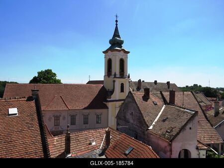 Roofs of Szentendre and the tower of the Serbian Orthodox Church - Hungary-stock-foto