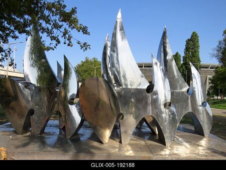 Chrome steel spatial sculpture entitled Flames - Sport symbol - Budapest-stock-foto