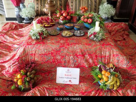 Traditional bowls (Korsi) composed of fruit and flowers in the lobby of an Iranian hotel - Tehran-stock-foto