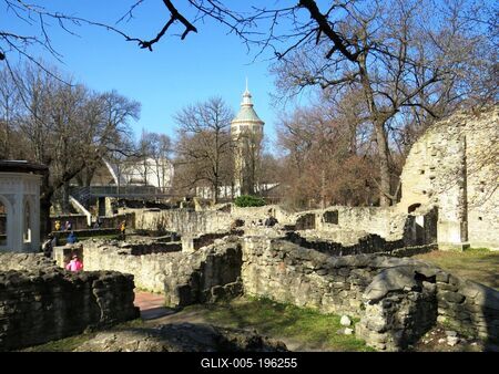 The ruins of the Domonkos monastery on Margitsziget and the water tower - Budapest-stock-foto