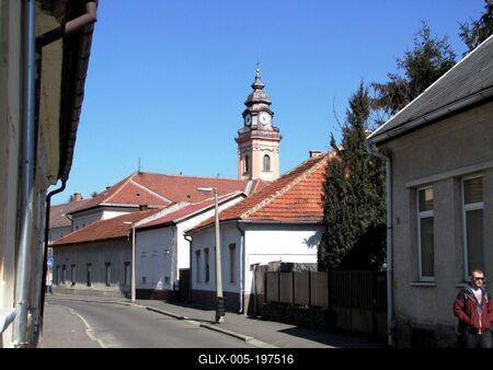 Sátoraljaújhely - Pedestrian street - Church tower - Hungary-stock-foto
