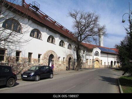 Huszárvár street with the Kulcsár Anita sports hall building - Szerencs - Hungary-stock-foto
