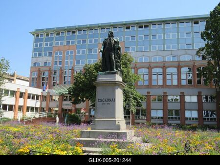 Debrecen - City Hall - Statue of great Hungarian poet Csokonai Vitéz Mihály-stock-foto