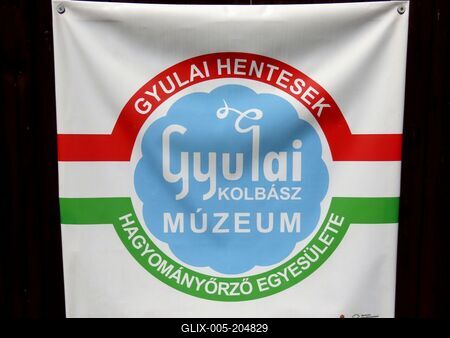 The emblem of the sausage museum in Gyula - Hungary-stock-foto