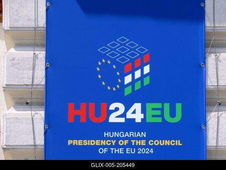 Emblem of Hungarian Presidency EU Council - Budapest-stock-foto