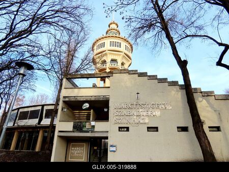 The Margaret Island open-air theater and the water tower.- Budapest-stock-foto