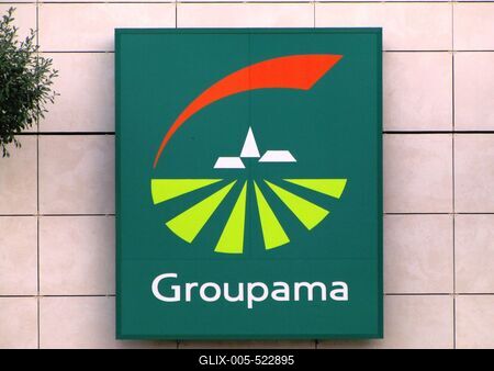 Budapest, 6 August 2016The Emblem of Groupama Insurance Company..A Groupama Biztos?t? c?gjele a XIV. ker. Hung?ria k?r?t 179-187. sz. alatti ?p?let?nek fal?n.-stock-foto