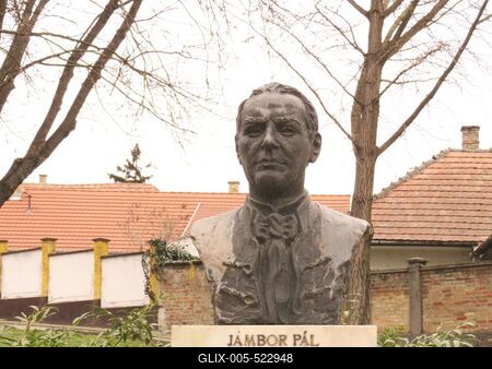 Paks, 19 March2017The bust of hungarian poet and writer J?mbor P?l (1821-1897).J?mbor P?l (1821-1897) magyar k?lt? ?s ?r? mellszobra. Farkas P?l szobr?szm?v?sz 1998-ban k?sz?lt alkot?sa.-stock-foto