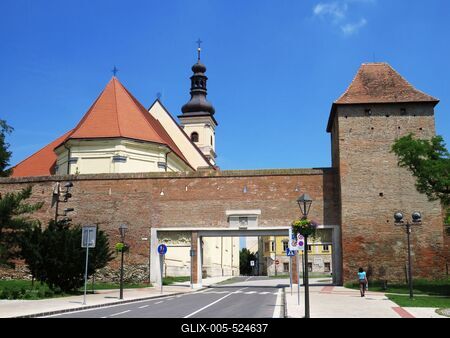 Trnava (Nagyszombat), 27 May 2018The City Walls and Gate (16th Century) and the St. Jacob's Church.A v?rosfal.?s kapuja (XVI. sz.) ?s a Szent Jakab templom.-stock-foto