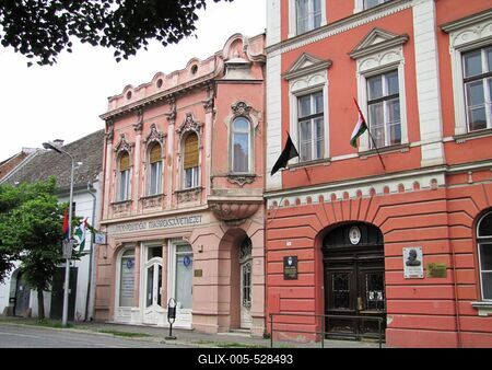 P?pa, 2014. m?jus 2.A T?rr Istv?n gimn?zium ?s koll?gium (jobbra) ?s a Balaton-felvid?ki takar?ksz?vetkezet ?p?lete (szemben) a F? utc?ban.-stock-foto