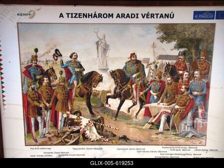 P?kozd, 2015. j?nius 26.A 13 aradi v?rtan?t ?br?zol? rajz, a v?rtan?k neveinek felt?ntet?s?vel a p?kozdi Nemzeti Eml?khelyen. Az aradi v?rtan?k: Kiss Ern? alt?bornagy, Nagys?ndor J?zsef t?bornok, Damjanich J?nos t?bornok, Poeltenberg Ern? lovag, t?bornok, Schweidel J?zsef t?bornok, Gr?f V?csei K?roly t?bornok, L?z?r Vilmos ezredes, Dessewffy Arisztid t?bornok, Gr?f Leiningen-Westerburg K?roly t?bornok, Knezi? K?roly t?bornok, Aulich Lajos t?bornok.-stock-foto