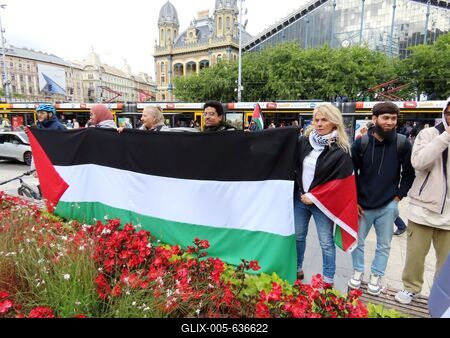Demonstrators  with Palestinian flag - Budapest - Protest against israeli genocide of Palesrinians-stock-foto