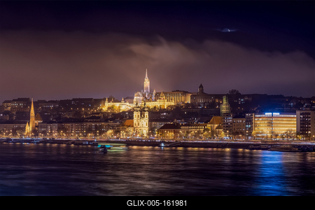 Night citydcape about Budapest with Fishermens bastion and Matthias church-stock-foto
