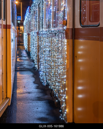 Festively decorated light tram (fenyvillamos) by night.-stock-foto