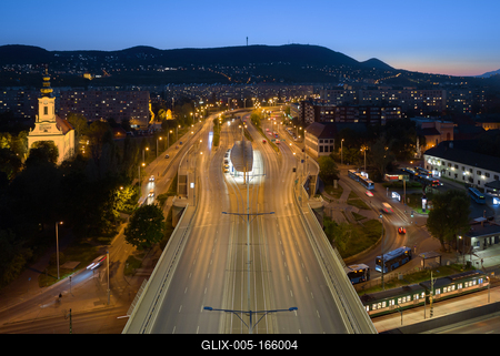 Hungary Budapest. Aerial view about Arpad bridge and tram station-stock-foto