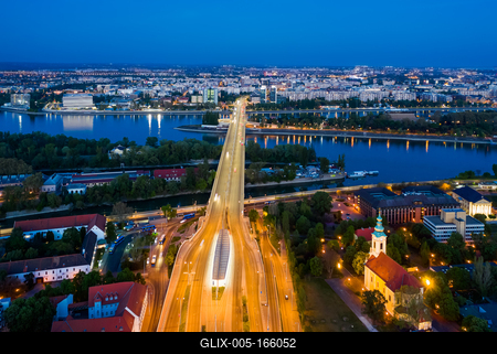 Hungary Budapest. Aerial view about Arpad bridge and tram station-stock-foto