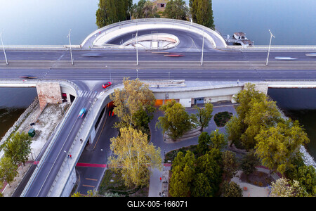 Hungary Budapest. Aerial view about Arpad bridge. Pest side on the background. Margaret island bridge exit.-stock-foto