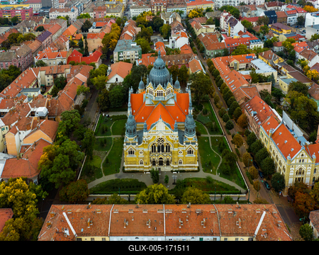 Aerial cityscape with new synagogue about Szeged Hungary-stock-foto